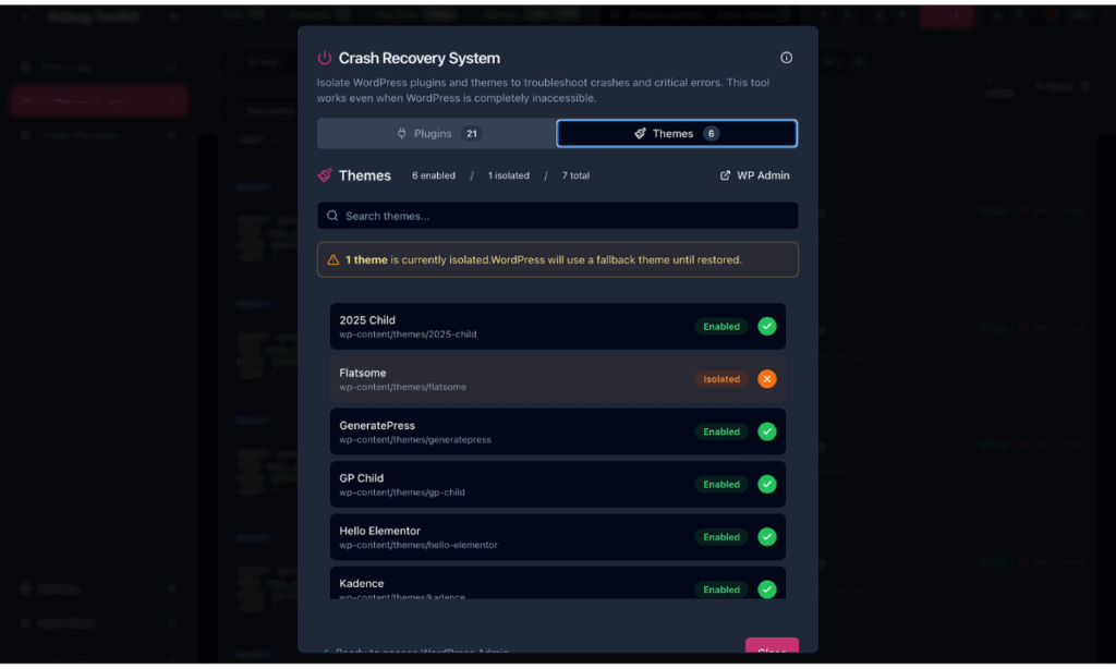wp-debug-toolkit-crash-recovery-system-theme-isolated