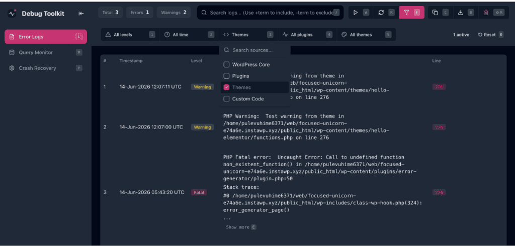 wp-debug-toolkit-error-logs-viewer-app-theme-source-filter
